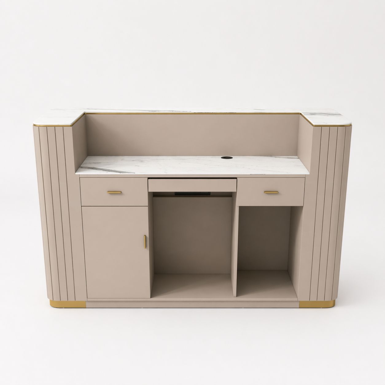 Beige desk with white top on a white background