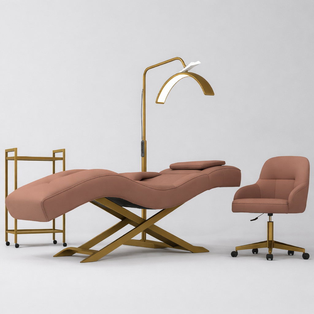 Modern massage table with a lamp and chair on a white background