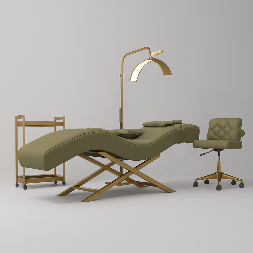 Olive green massage table with lamp and chair on a gray background