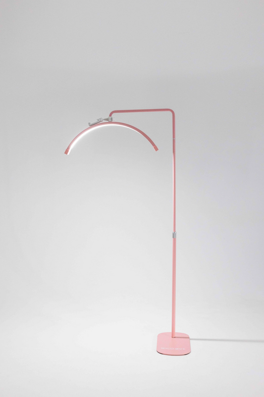 A pink floor lamp with a flexible neck, standing in a relaxed S shape, with a sturdy base. It has a switch on the stem and is connected to a power cord.