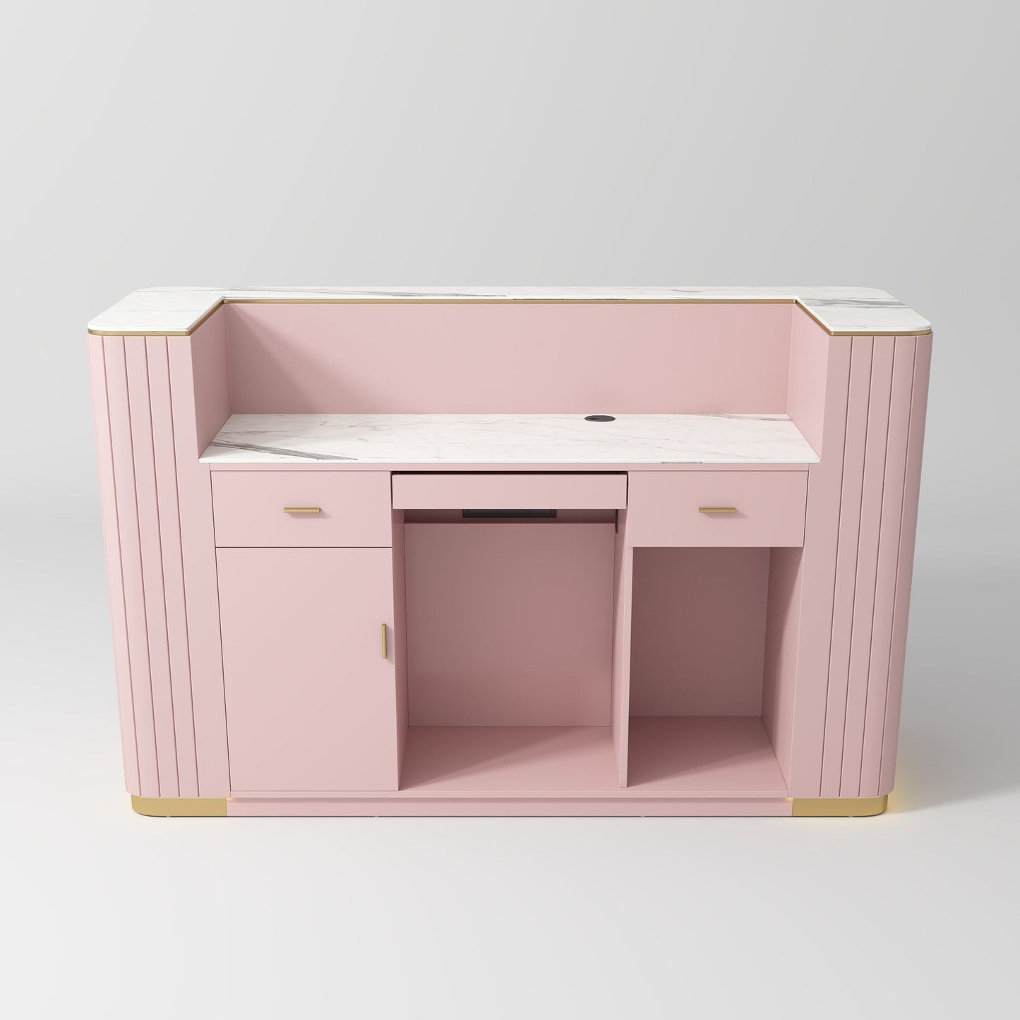 Pink desk with white top on a light gray background