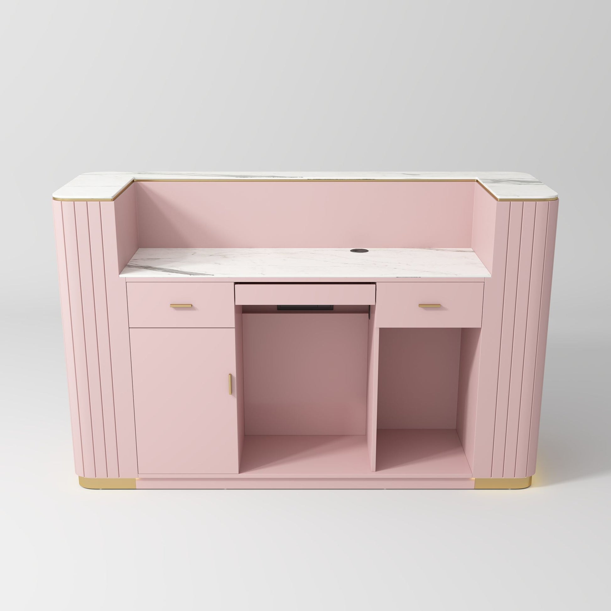 Pink desk with white top on a light gray background