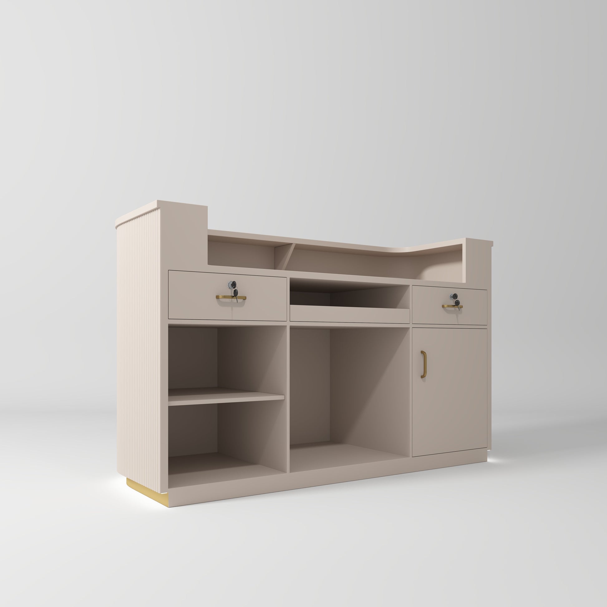 Cream vanity with gold accents and led lighting on a light grey background