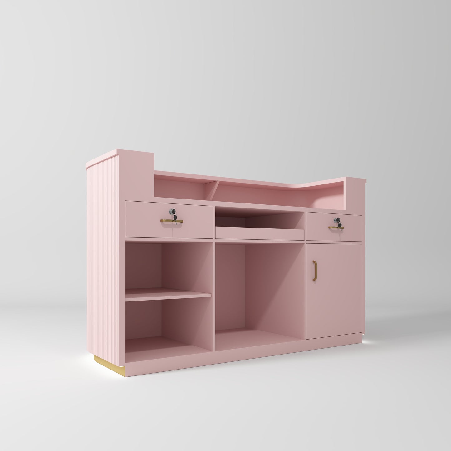 Pink vanity with gold accents and led lighting on a light grey background