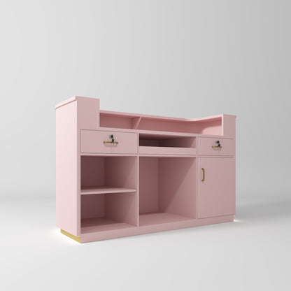 Pink vanity with gold accents and led lighting on a light grey background