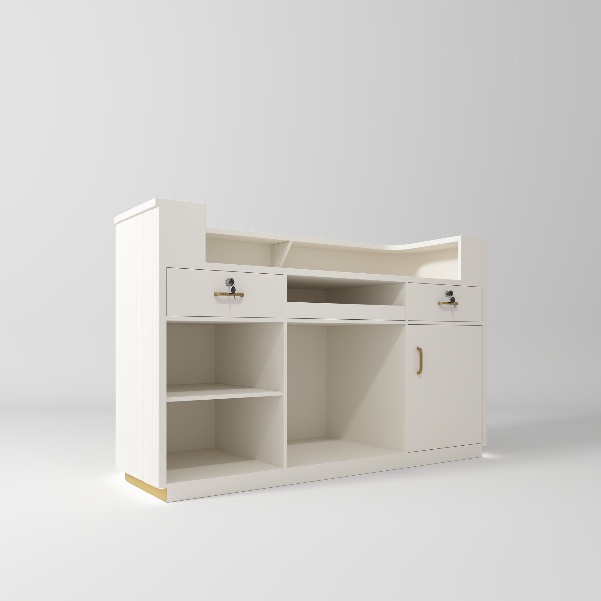 White vanity with gold accents and led lighting on a light grey background