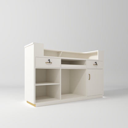 White vanity with gold accents and led lighting on a light grey background