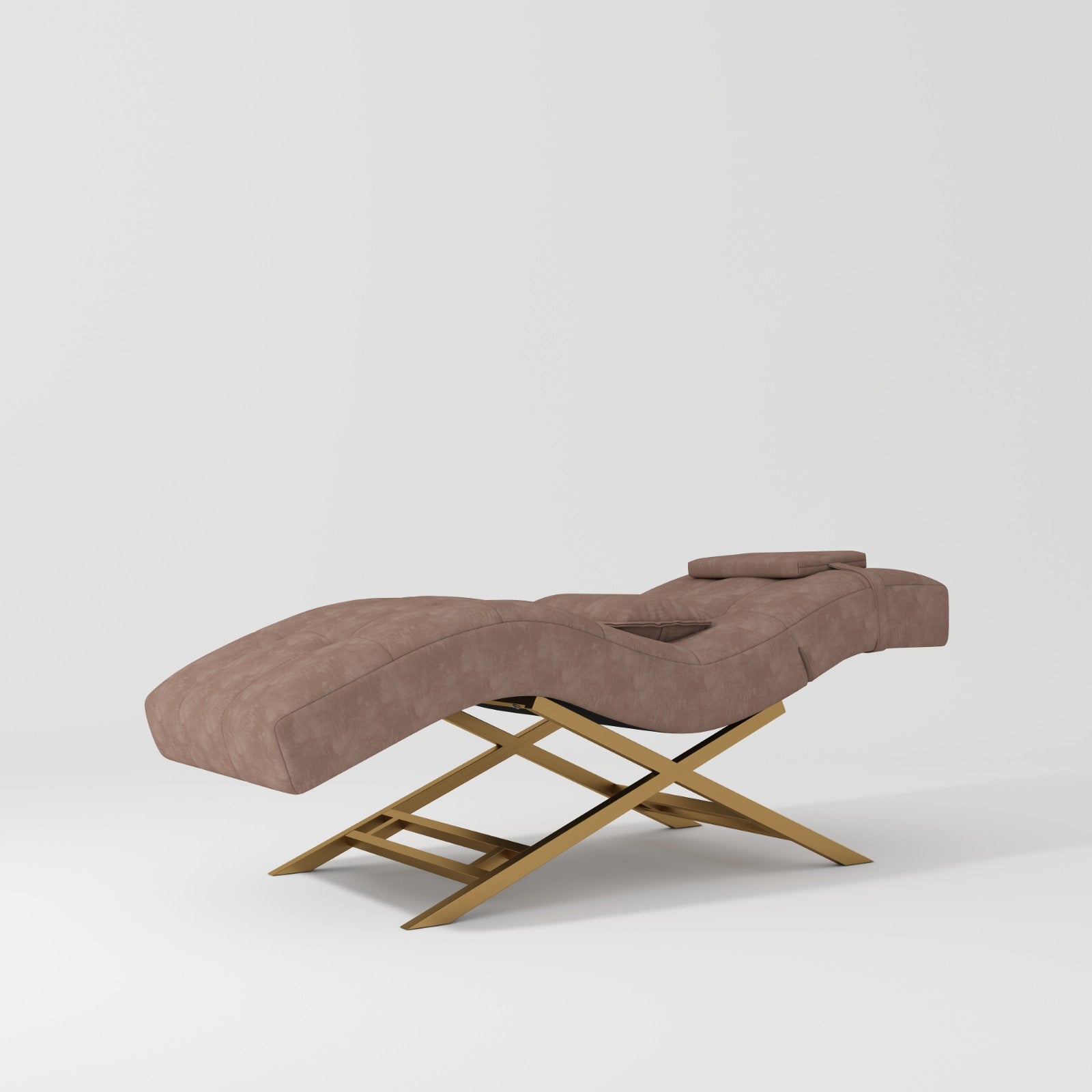 A pink luxurious beauty bed with plush foam padding and Gold stainless steel legs, designed for relaxation and support in beauty settings.
