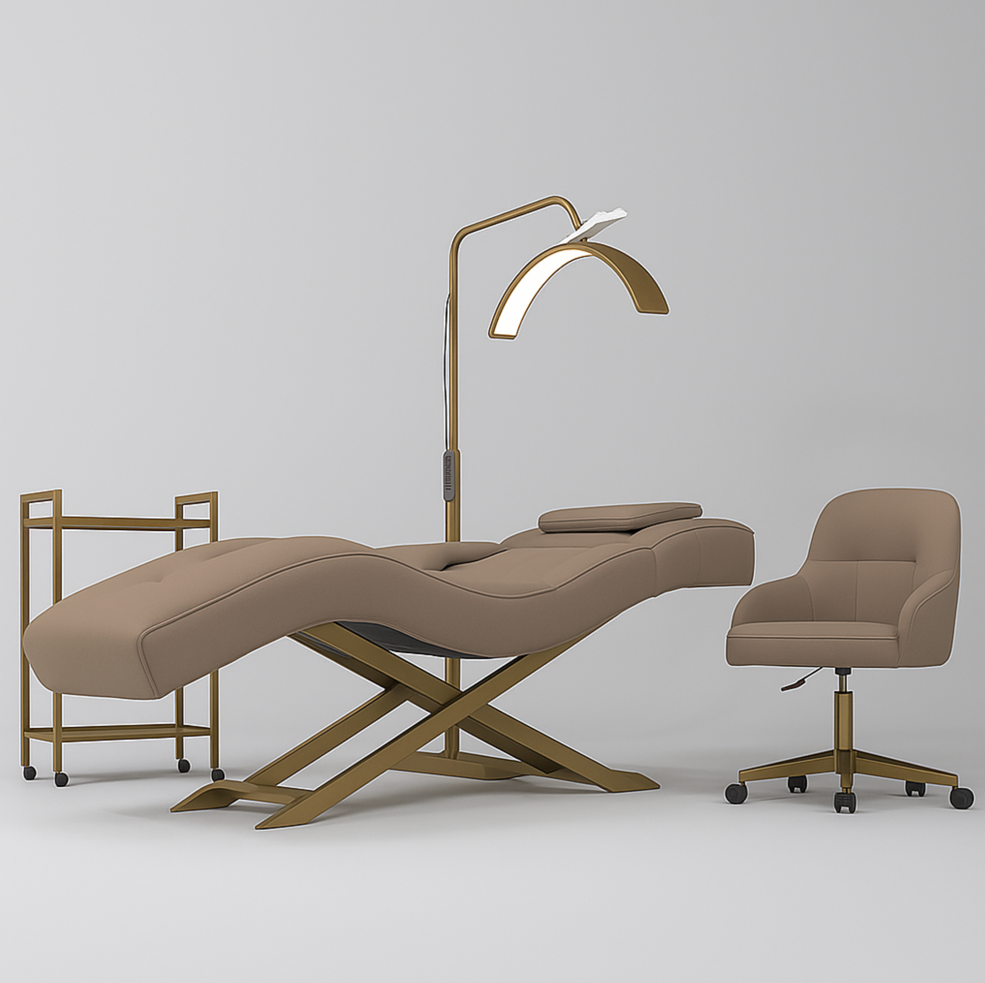 Beige massage table with a lamp and chair on a white background