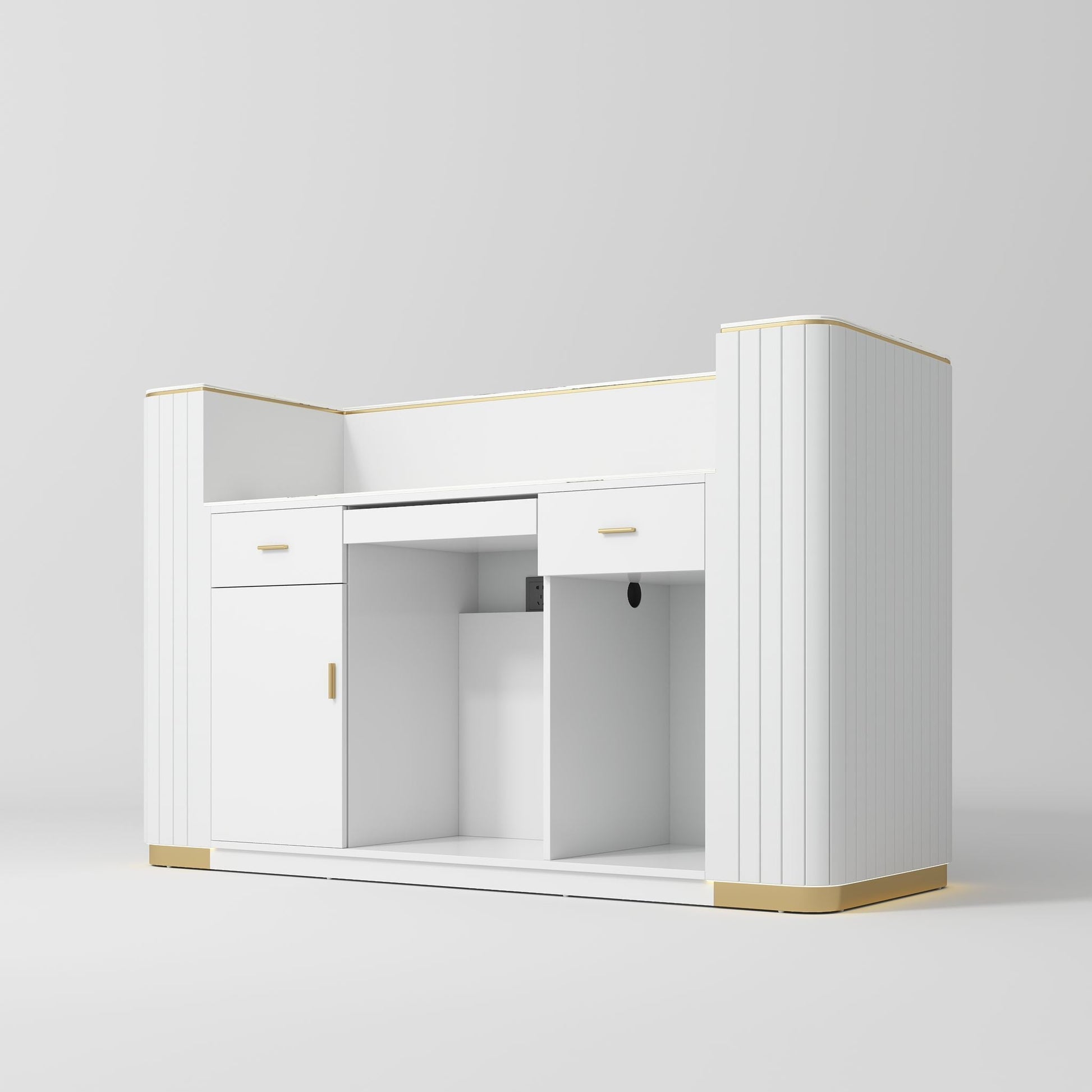 White vanity with gold accents on a light gray background