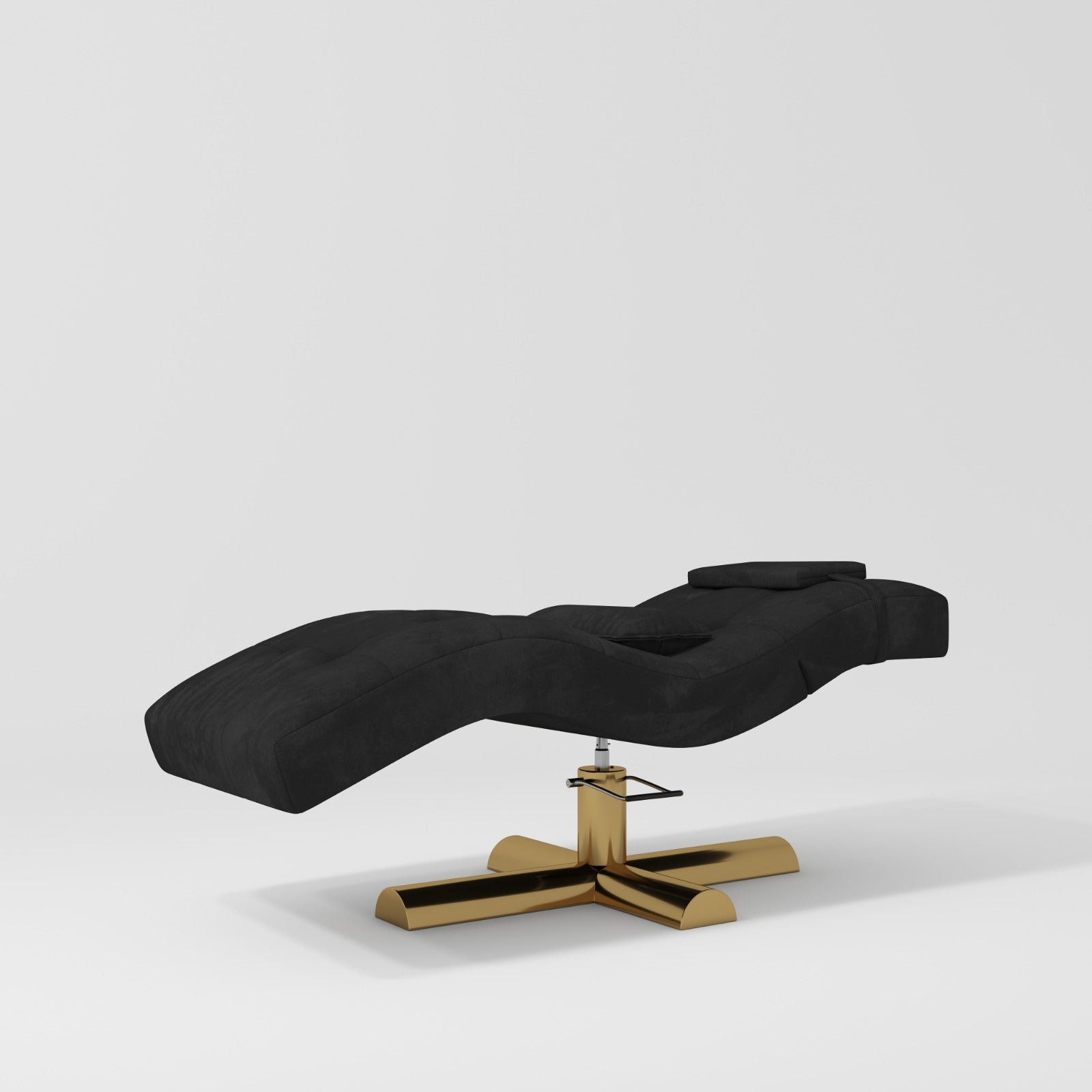 An adjustable beauty bed with black foam padding and Gold stainless steel legs, set against a white background.