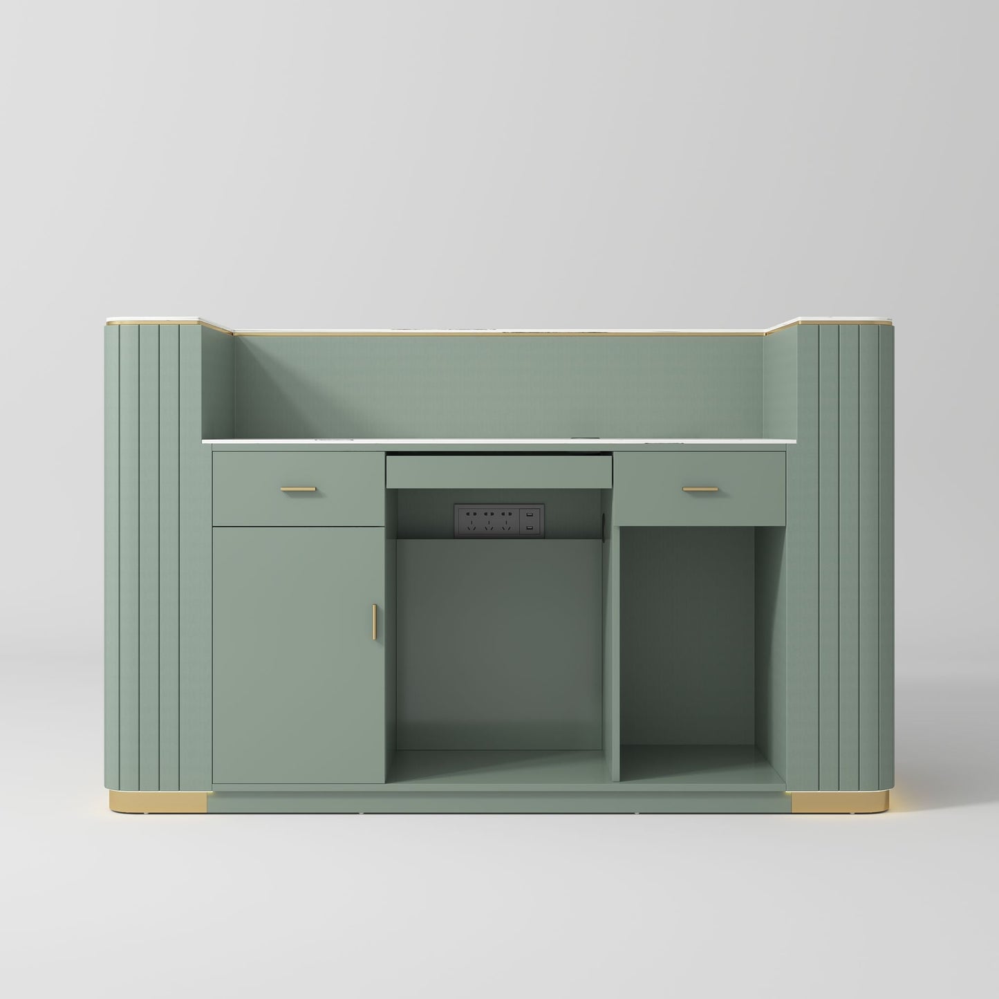 Green cabinet with gold accents on a gray background