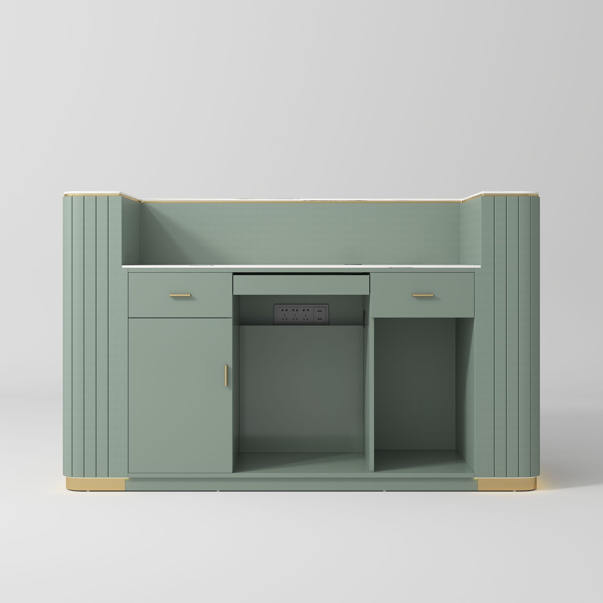 Green cabinet with gold accents on a gray background