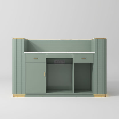 Green cabinet with gold accents on a gray background