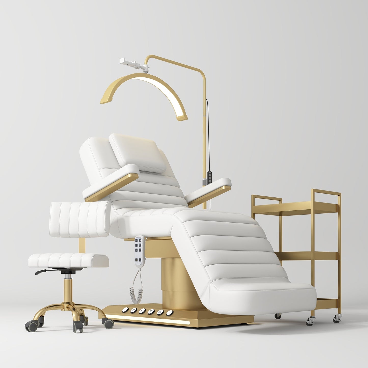 White and gold beauty chair with lamp on a white background