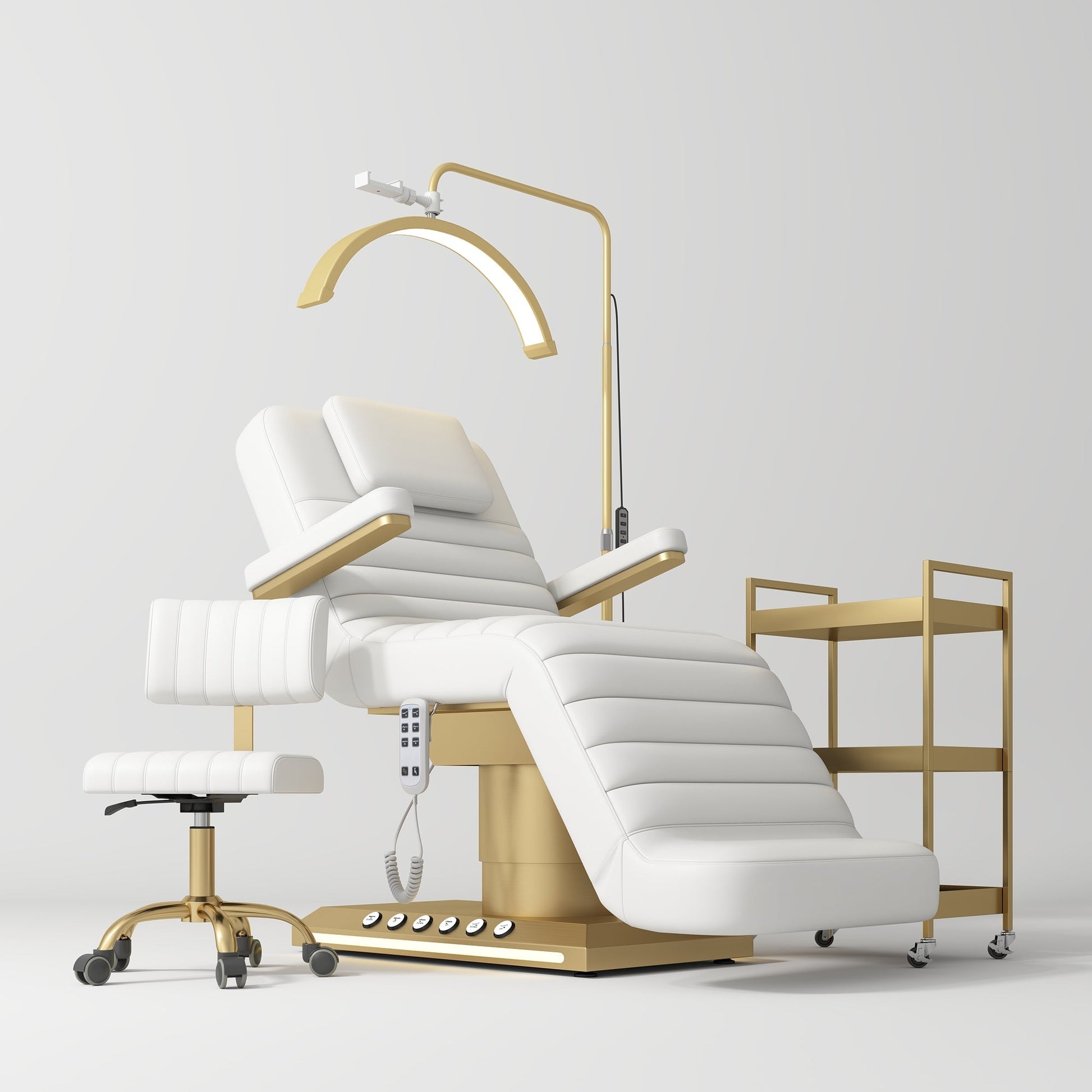 White and gold beauty chair with lamp on a white background
