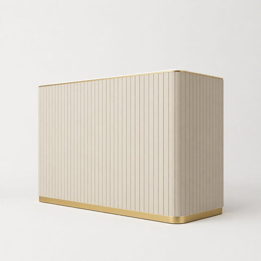 Luxury cream salon reception desk with gold accents in modern beauty salon interior