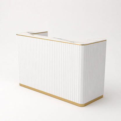 White reception desk with gold trim on a white background