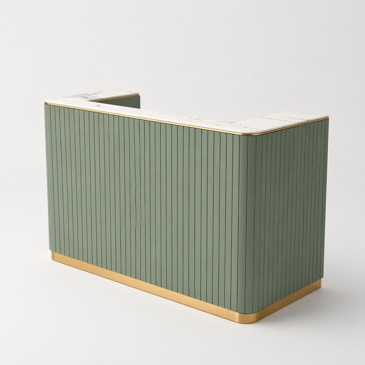 Sage green salon reception desk with gold trim and marble top in luxury beauty salon